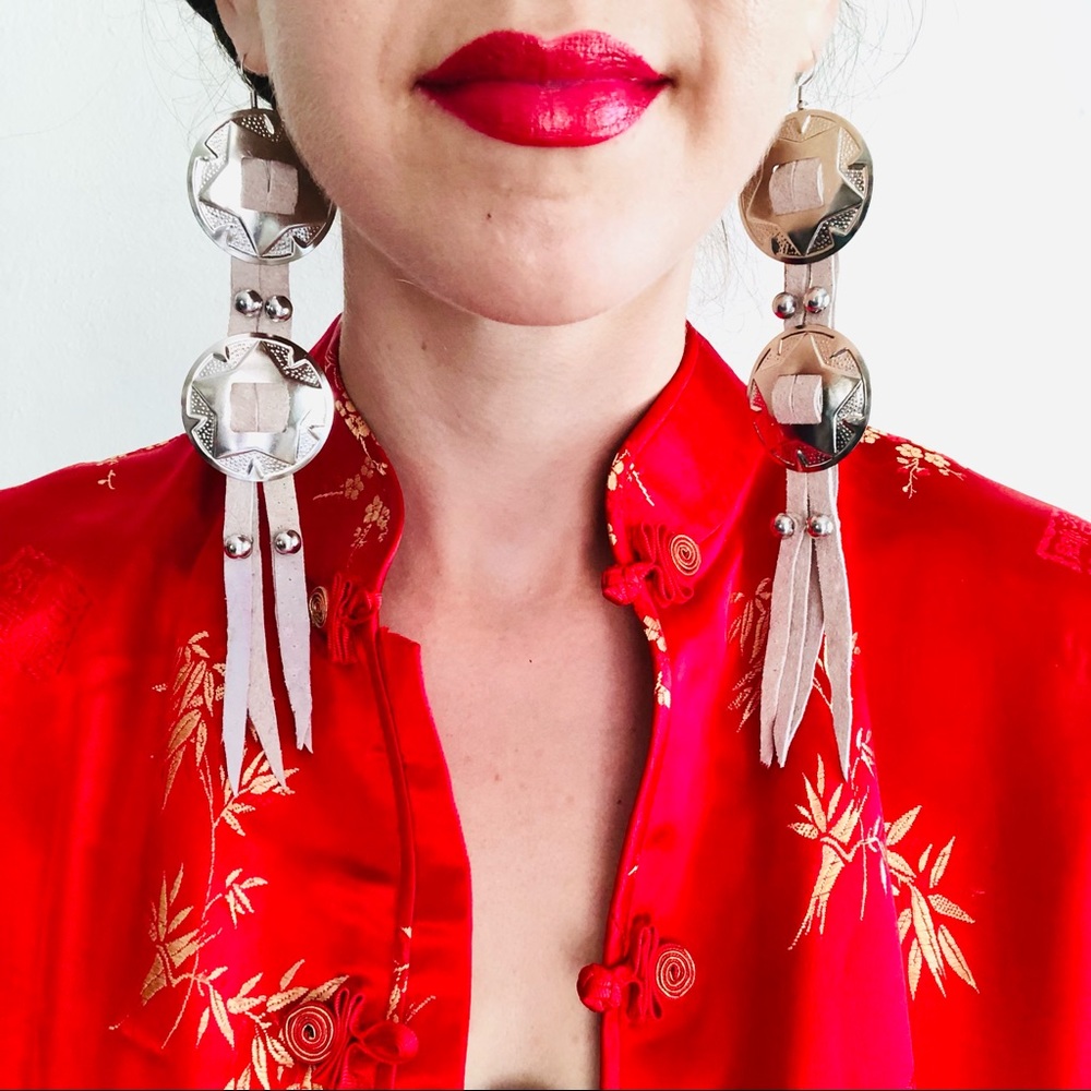 Handcrafted Off White Large Genuine Leather Western Silver Concho Earrings - Picture 4 of 10